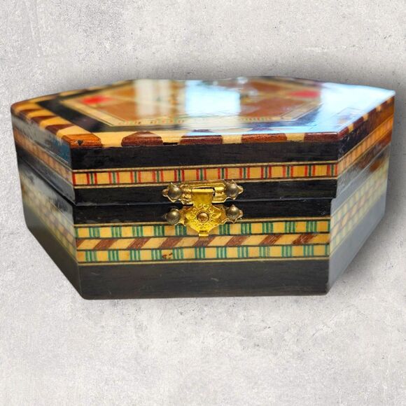 Vintage Taracea Marquetry Jewelry Box Spain Inlaid Wood Hexagon Gift Geometric - Picture 5 of 8